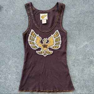 Y2K Soul Revival Studded Embroidered brown thermal knit tank top phoenix graphic